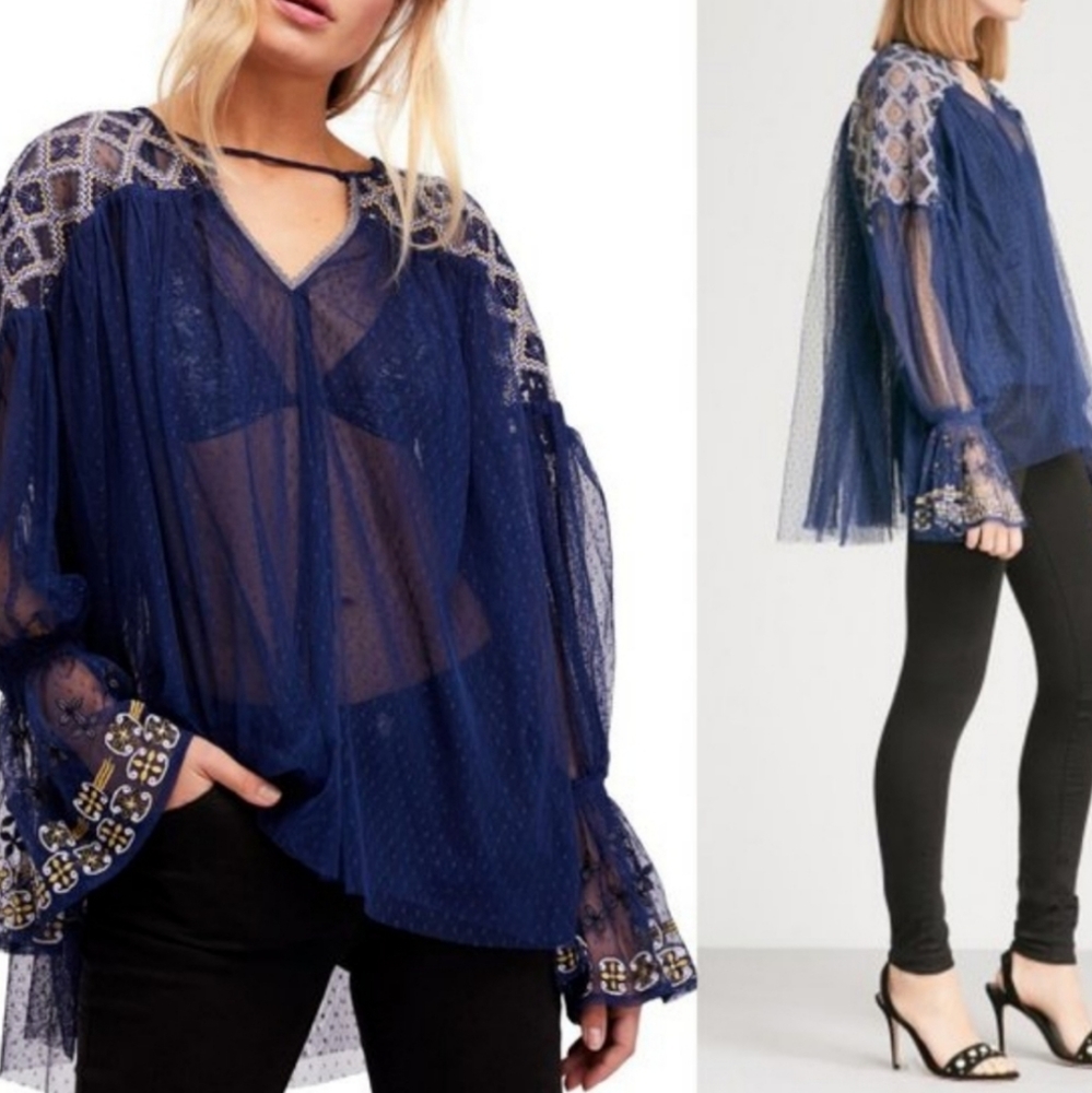 Free People Navy Sheer Embroidered Peasant Blouse